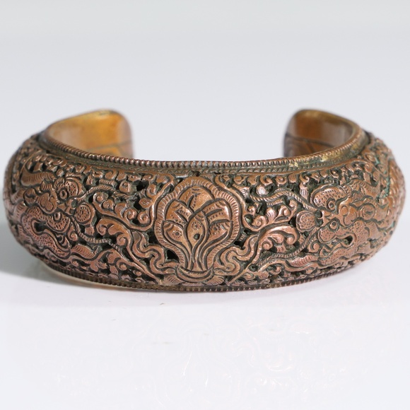 Vintage Dragon Leaf Pattern Copper Cuff Bracelet